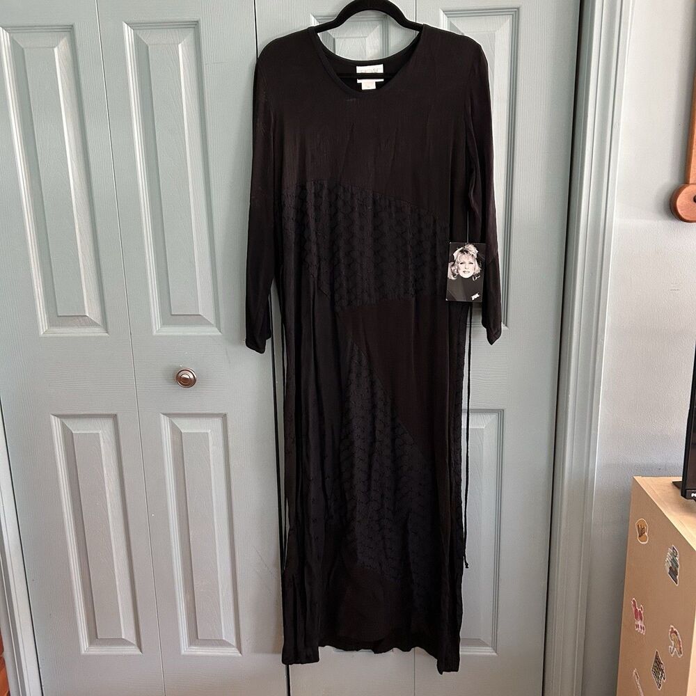 Vtg ZOE Black Maxi Dress Small Witchy Whimsigoth 90s Mixed Media 3/4 Sleeve